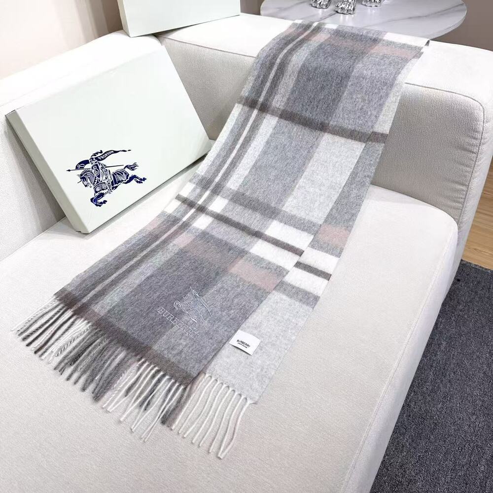 Burberry Grey Check Plaid Fringe Scarf